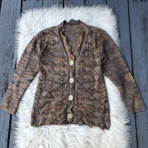 Vintage Earthy Tone Neutral Scalloped Chevron Knit Tan Brown Sweater Cardigan M